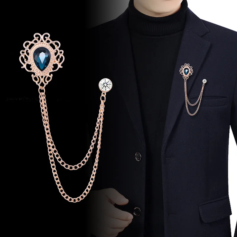 Men Accessories Fashion - Pin Kerah Kristal Berlian Imitasi Rantai